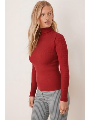 Armonika Kadın Nar Çiçeği Balıkçı Yaka Kolu Şeritli Yumuşak Dokulu Bluz ARM-26K001043