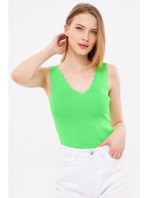 Armonika Kadın Fıstık Yeşili Zigzaglı V Yaka Kaşkorse Bluz ARM-23Y069004