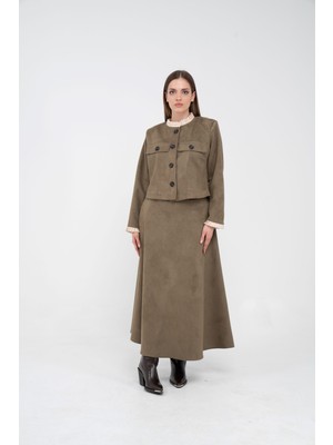 SASILVA Şık ve Klasik Düğme Detaylı Süet  Etek Takımı K8089