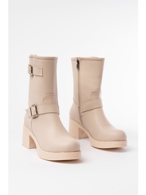 Zerenyus ZRİN-3043 Premium Bej Toka Aksesuarlı Fermuarlı Kalın Topuklu Kadın Bot