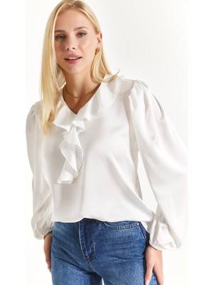 Armonika Kadın Beyaz Yakası Fırfırlı Pamuk Saten Bluz Regular Kalıp Uzun Kol ARM-22K001059