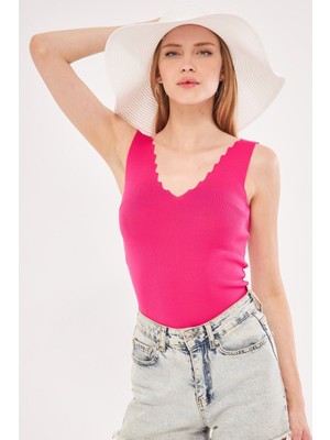 Armonika Kadın Fuşya Zigzaglı V Yaka Kaşkorse Bluz ARM-23Y069004