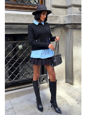 Lijuri Poplin ve Denim Garnili Triko Kazak 1374 R9-A-K4