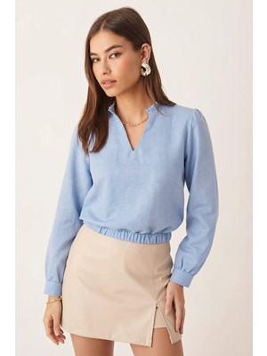 Armonika Kadın Bebe Mavi V Yaka Yakası Pile Detaylı Beli Lastikli Manşetli Bluz ARM-26K001020