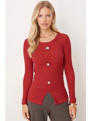 Armonika Kadın Nar Çiçeği Geniş Yaka Uzun Kollu Önden Yırtmaçlı Düğmeli Bluz ARM-26K001008