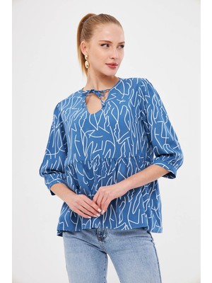 Armonika Kadın Indigo Yakası Bağlama Detaylı Robadan Büzgülü Çeyrek Kol Bluz ARM-25K001044