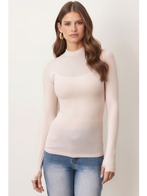 Armonika Kadın Bej Yarım Balıkçı Parmak Geçmeli Body Bluz ARM-26K135002
