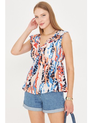 Armonika Kadın Turuncu V Yaka Yakası Fırfırlı Beli Lastikli Bluz ARM-25Y001076