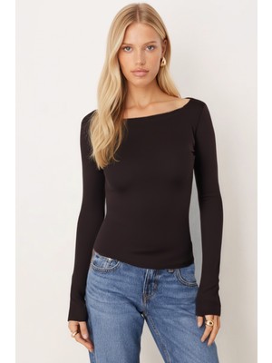 Armonika Kadın Kahve Kayık Yaka Uzun Kol Body Bluz ARM-26K135013