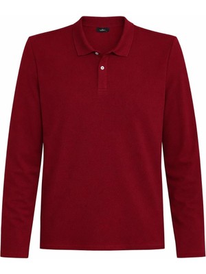 Tudors Erkek Standart Fit Rahat Kesim Pamuklu Yumuşak Dokulu Düz Pike Uzun Kollu Bordo Polo Yaka Tişört