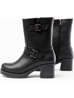 Zerenyus ZRİN-3043 Premium Siyah Toka Aksesuarlı Fermuarlı Kalın Topuklu Kadın Bot