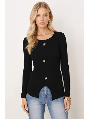 Armonika Kadın Siyah Geniş Yaka Uzun Kollu Önden Yırtmaçlı Düğmeli Bluz ARM-26K001008