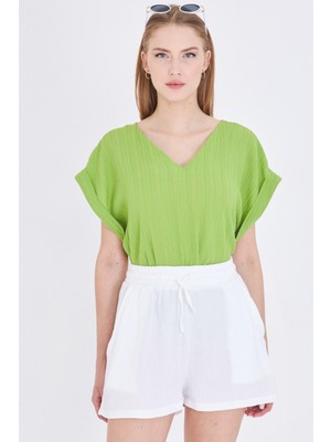 Armonika Kadın V Yaka Yanları Yırtmaçlı Arkası Uzun Duble Kol Detaylı Oversize Bluz ARM-24Y001074
