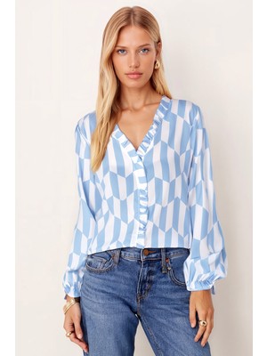 Armonika Kadın Bebe Mavi Yakası ve Önü Fırfırlı Kolları Lastikli Uzun Kollu Bluz ARM-25Y001015