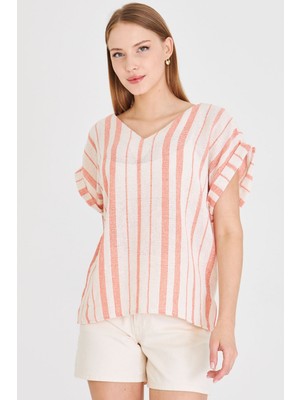 Armonika Kadın Oranj V Yaka Yanları Yırtmaçlı Arkası Uzun Duble Kol Detaylı Oversize Bluz ARM-25Y001056