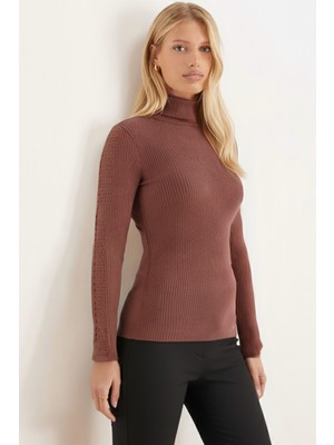 Armonika Kadın Açık Kahve Balıkçı Yaka Kolu Şeritli Yumuşak Dokulu Bluz ARM-26K001043