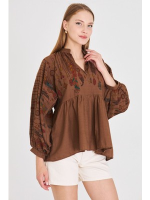 Armonika Kadın Kahve Hakim Yaka Balon Kol Bluz ARM-25Y001052
