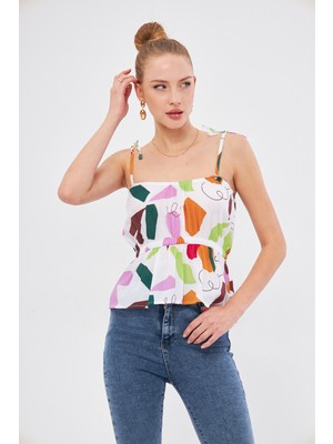 Armonika Kadın Lila Desenli Beli Lastikli Askıları Bağlama Detaylı Straplez Crop Bluz ARM-24Y001116