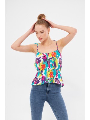 Armonika Kadın Mor Desenli Beli Lastikli Askıları Bağlama Detaylı Straplez Crop Bluz ARM-24Y001116