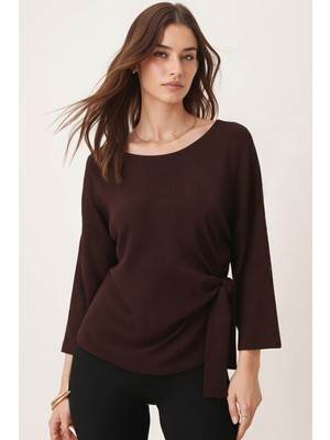 Armonika Kadın Kahverengi Sıfır Yaka Yumuşak Dokulu Bluz Regular Kalıp Pamuk Polyester Elastan
