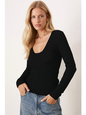 Armonika Kadın Siyah V Yaka Jakarlı Uzun Kol Bluz ARM-26K135010