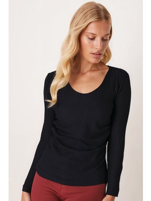 Armonika Kadın Siyah V Yaka Uzun Kollu Önü Büzgülü Yumuşak Dokulu Likralı Bluz ARM-26K001014