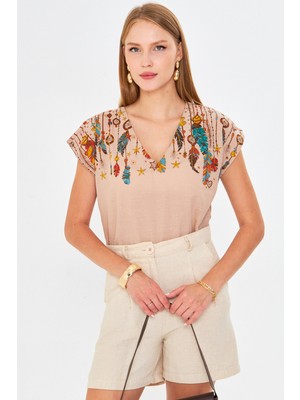 Armonika Kadın Taş V Yaka Baskılı Bluz ARM-25Y001086