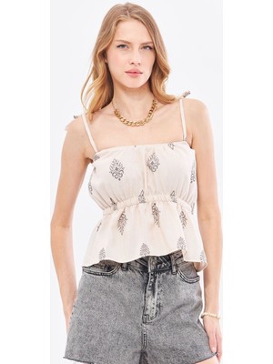 Armonika Kadın Gri Desenli Keten Görünümlü Beli Lastikli Askıları Bağlama Detaylı Straplez Crop Bluz