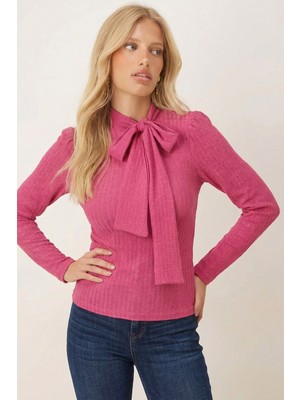 Armonika Kadın Fuşya Yakası Yandan Bağlamalı Omuzları Büzgülü Bluz ARM-26K001068