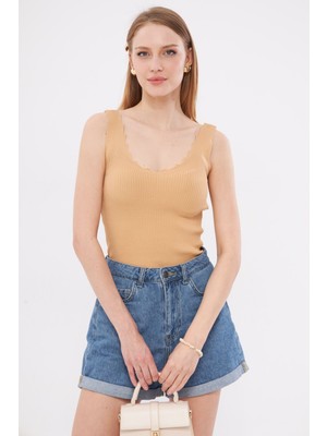 Armonika Kadın Vizon Zigzaglı V Yaka Kaşkorse Bluz ARM-23Y069004