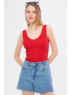 Armonika Kadın Kırmızı Zigzaglı V Yaka Kaşkorse Bluz ARM-23Y069004