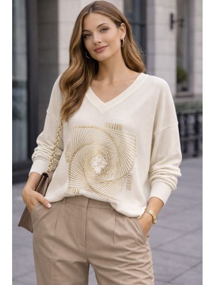 Rmg Büyük Beden V Yaka Kaşmir Karışımlı Desenli Triko Kazak