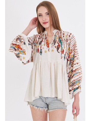 Armonika Kadın Krem Hakim Yaka Balon Kol Bluz ARM-25Y001052
