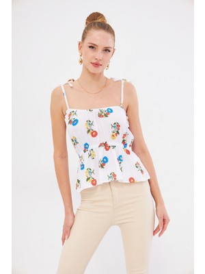 Armonika Kadın Beyaz Desenli Beli Lastikli Askıları Bağlama Detaylı Straplez Crop Bluz ARM-24Y001116
