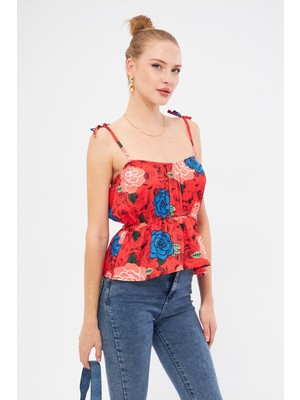 Armonika Kadın Kırmızı Desenli Beli Lastikli Askıları Bağlama Detaylı Straplez Crop Bluz ARM-24Y001116