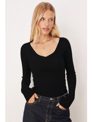 Armonika Kadın Siyah Geniş V Yaka Uzun Kol Body Bluz ARM-26K135007