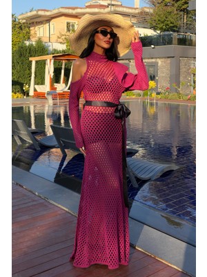 Lijuri Saten Kuşaklı Ajurlu Triko Elbise 2847 R1-O-K3