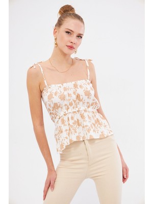 Armonika Kadın Bej Desenli Beli Lastikli Askıları Bağlama Detaylı Straplez Crop Bluz ARM-24Y001116