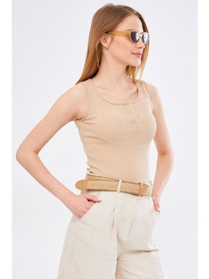 Armonika Kadın Bej Çıtçıtlı Kolsuz Bluz ARM-24Y133010