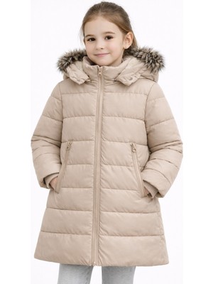 Kız Çocuk Krem Şişme Mont Kapüşonlu Kürklü Kışlık Uzun Model