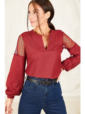 Armonika Kadın Bordo V Yaka Kolu Tüllü Balonlu Bluz ARM-20K001038