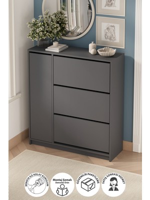 Bofigo Düşer Kapak Ayakkabılık 4 Kapaklı 6 Bölmeli Kayar Raflı Ayakkabılık Gizem Antrasit