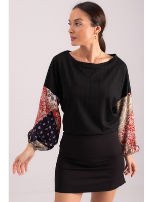 Armonika Kadın Siyah Kolu Desenli Balonlu Triko Bluz ARM-20K081001