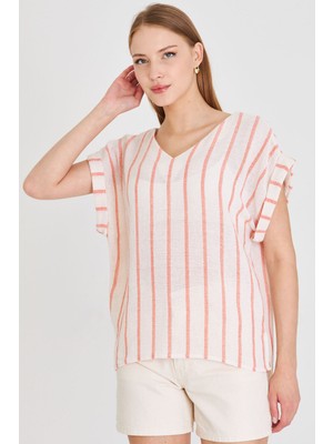 Armonika Kadın Turuncu V Yaka Yanları Yırtmaçlı Arkası Uzun Duble Kol Detaylı Oversize Bluz ARM-25Y001056