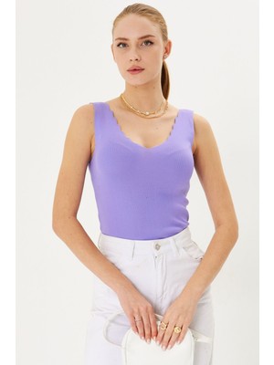 Armonika Kadın Eflatun Zigzaglı V Yaka Kaşkorse Bluz ARM-23Y069004