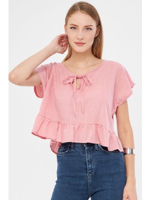 Armonika Kadın Pudra Yarasa Kol Yakası Bağlamalı Eteği Fırfırlı Oversize Crop Bluz ARM-24Y001088