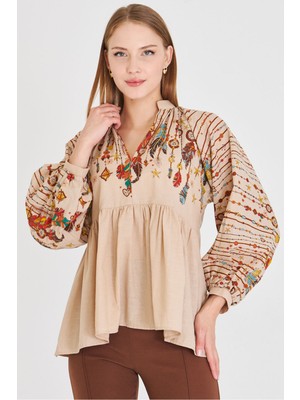 Armonika Kadın Taş Hakim Yaka Balon Kol Bluz ARM-25Y001052