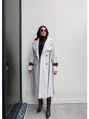 Esra Helvacı Taş Yün Leather Cuff Detay Kaşe Kaban