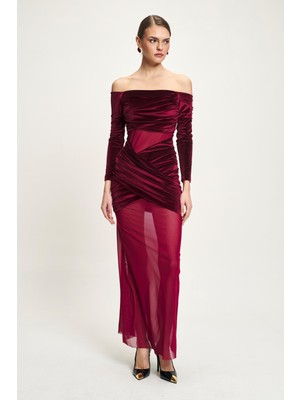 Lijuri Tül Dekolte Detaylı Madonna Yaka Kadife Elbise 2929 R3-D-K3