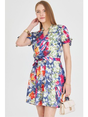 Armonika Kadın Fuşya Hakim Yaka Kolu Bağlamalı Beli Lastikli Kemerli Kısa Elbise ARM-25Y001033